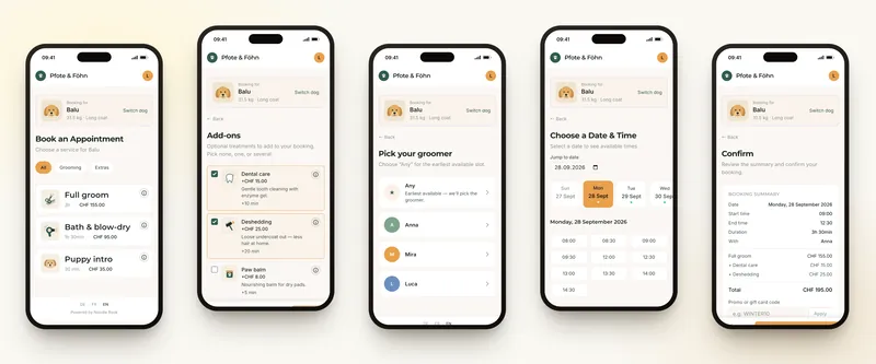 The five steps of booking online: service, add-ons, groomer, date and time, confirmation