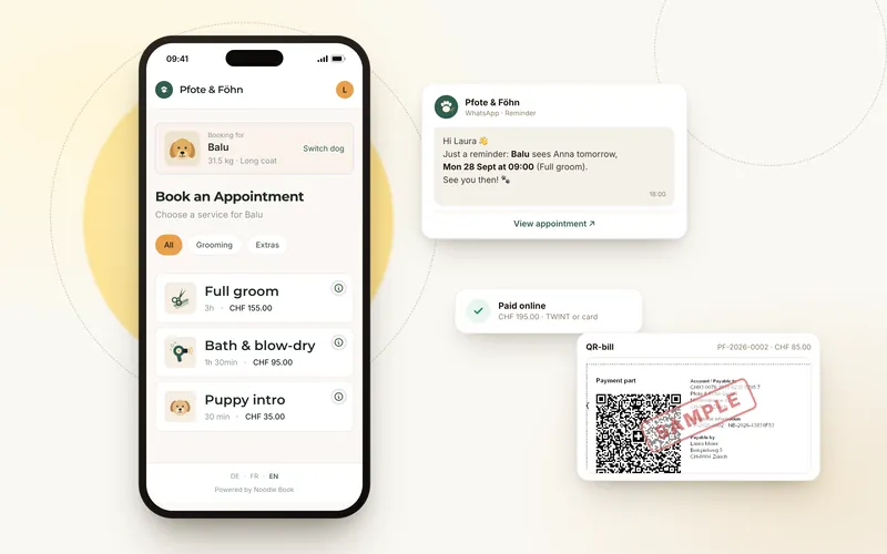 Booking page of a sample dog grooming salon on a phone, next to a WhatsApp reminder, a payment confirmation and a QR-bill