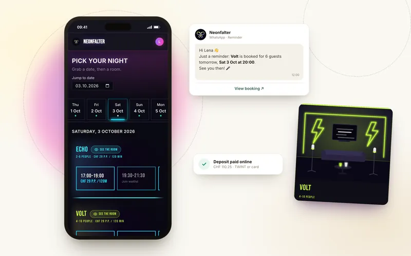 Booking page of a sample karaoke bar in a dark neon look on a phone, next to the room view, a WhatsApp reminder and a paid deposit