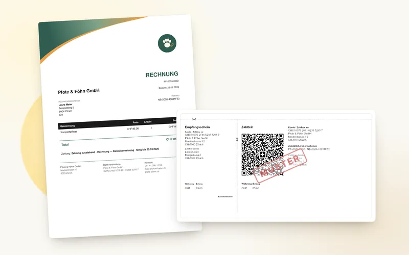 PDF-Rechnung eines Beispielsalons mit QR-Zahlteil