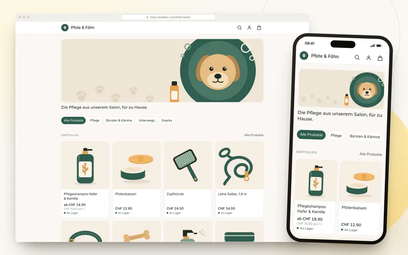 Der Onlineshop des Beispiel-Hundesalons Pfote & Föhn auf Laptop und Handy, mit Pflegeprodukten, Preisen und Lagerstatus
