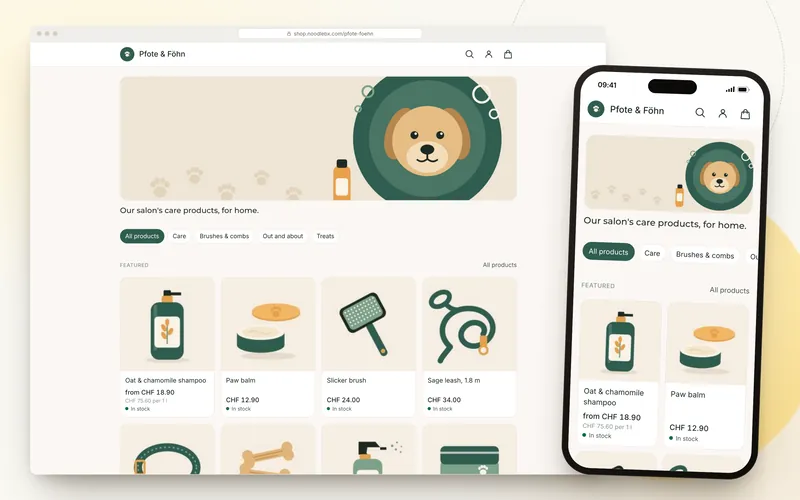 The Pfote & Föhn dog salon's online shop on a laptop and a phone, with care products, prices and stock status