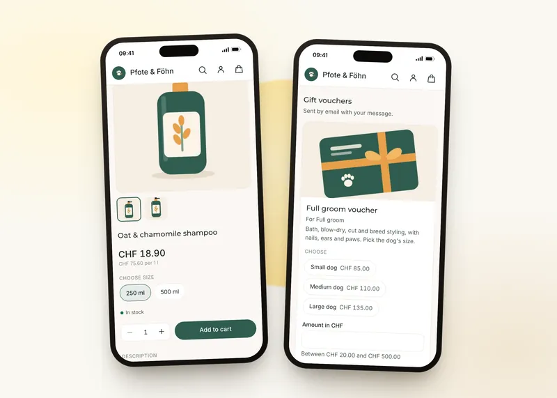 Two phones: a product page with a size choice and a unit price, and gift vouchers for a full groom by dog size