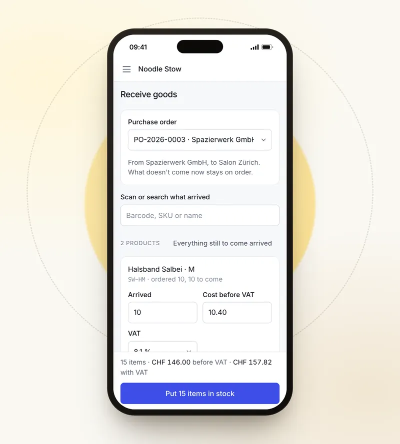 Wareneingang auf dem Handy: die Bestellung beim Lieferanten, die gelieferten Mengen und der Einkaufspreis