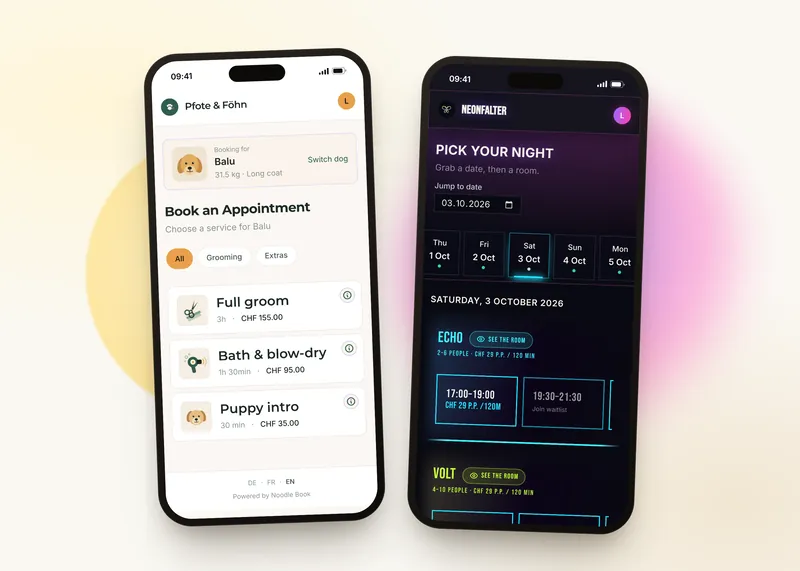 Two booking pages side by side: a sample dog grooming salon in a light look and a sample karaoke bar in a dark neon look